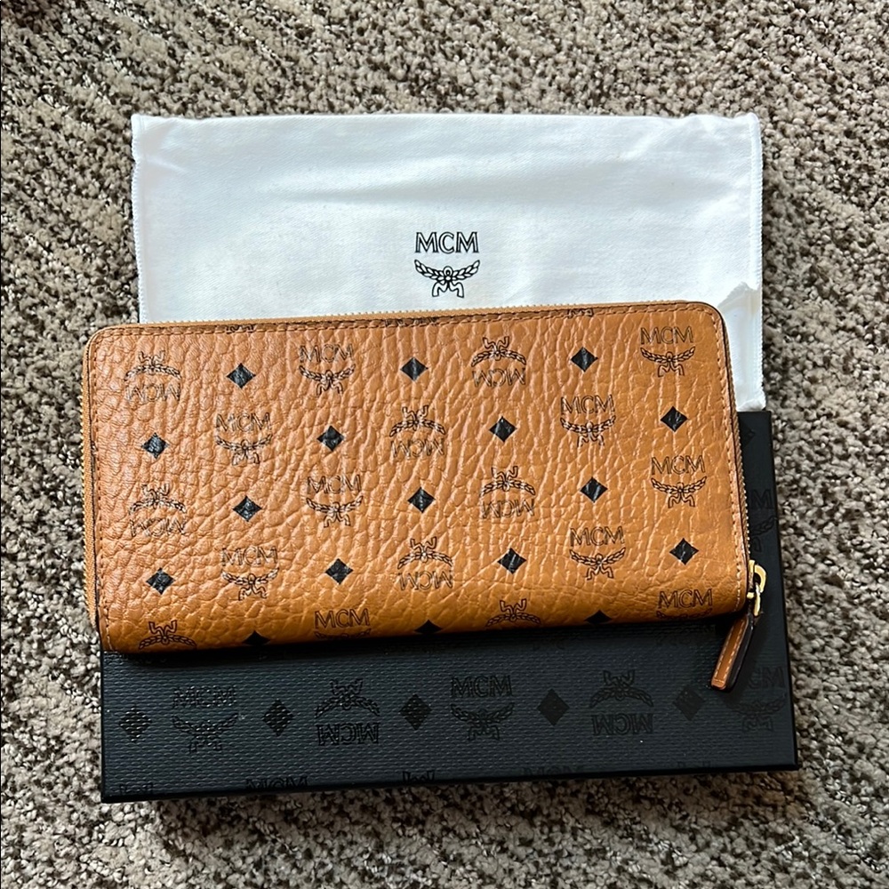 MCM Cognac Leather Zip Wallet
